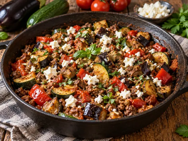 Auberginen-Zucchini-Hack-Pfanne mit Rinderhack, Tomaten und Feta
