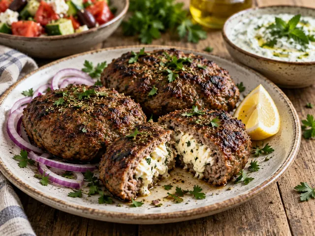 Bifteki mit Feta-Füllung und sichtbarem Käsekern