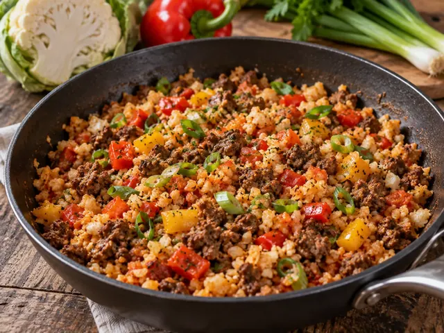 Blumenkohlreis-Hackfleisch-Pfanne mit Rinderhack und Paprika