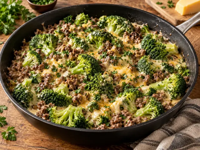 Brokkoli-Hack-Pfanne mit Käse und gebratenem Hackfleisch