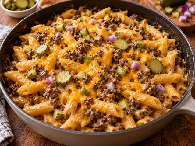 Cheeseburger-Pasta mit Hackfleisch, Cheddar und Gurken