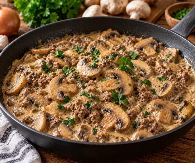Cremige Champignon-Hack-Pfanne mit gebratenen Pilzen