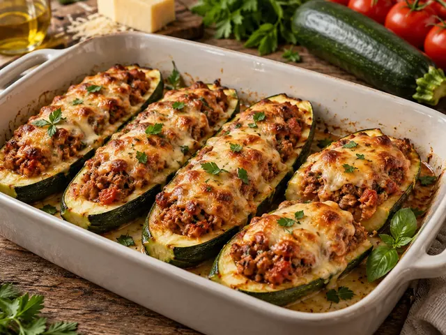 Gefüllte Zucchini mit Hackfleisch, Tomatensauce und Käse
