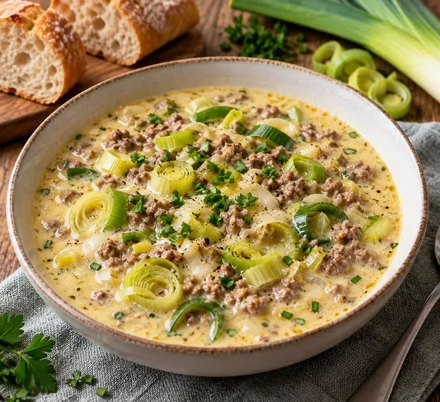 Käse-Lauch-Suppe mit Hackfleisch und Lauch