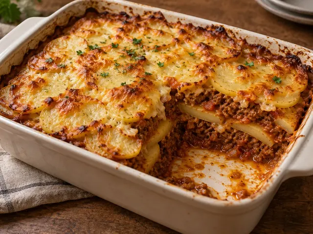 Kartoffel-Hackfleisch-Auflauf mit goldbraunem Käse