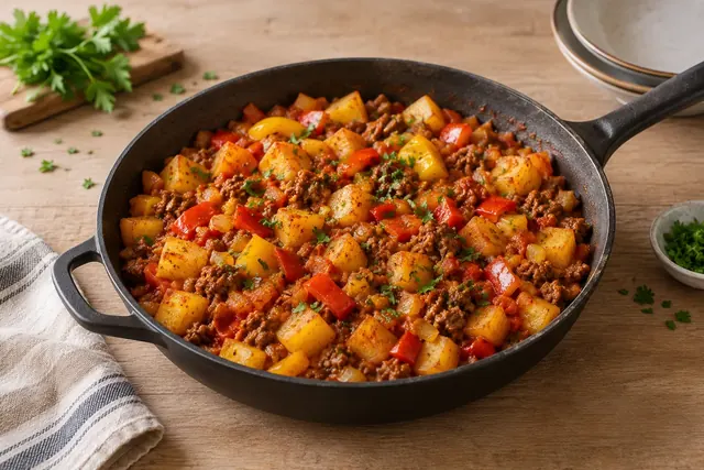 Kartoffel-Hackfleisch-Pfanne mit Paprika und gebratenem Hackfleisch