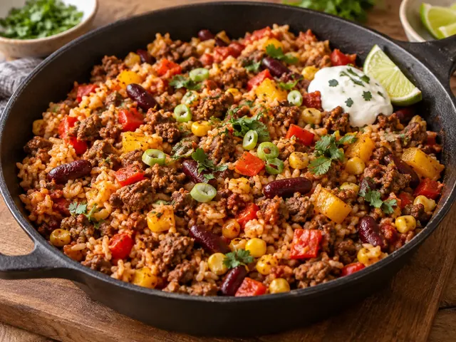 Mexikanische Reis-Hack-Pfanne mit Hackfleisch, Mais und Bohnen