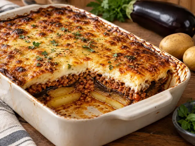 Moussaka mit Hackfleisch, Kartoffeln, Aubergine und Béchamelsauce