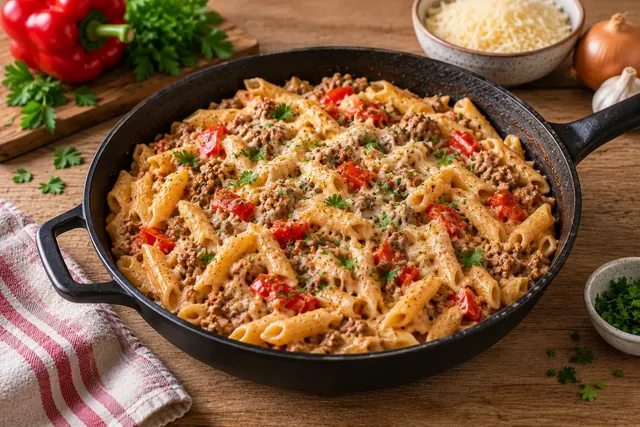 One-Pot-Pasta mit Hackfleisch in cremiger Sauce