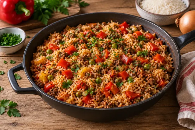Reis-Hackfleisch-Pfanne mit Paprika und würzigem Hackfleisch