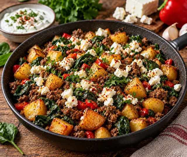 Türkische Kartoffel-Hack-Pfanne mit Spinat, Feta und Joghurt