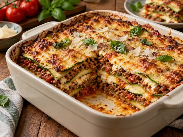 Zucchini-Lasagne mit Hackfleisch und goldbraunem Käse