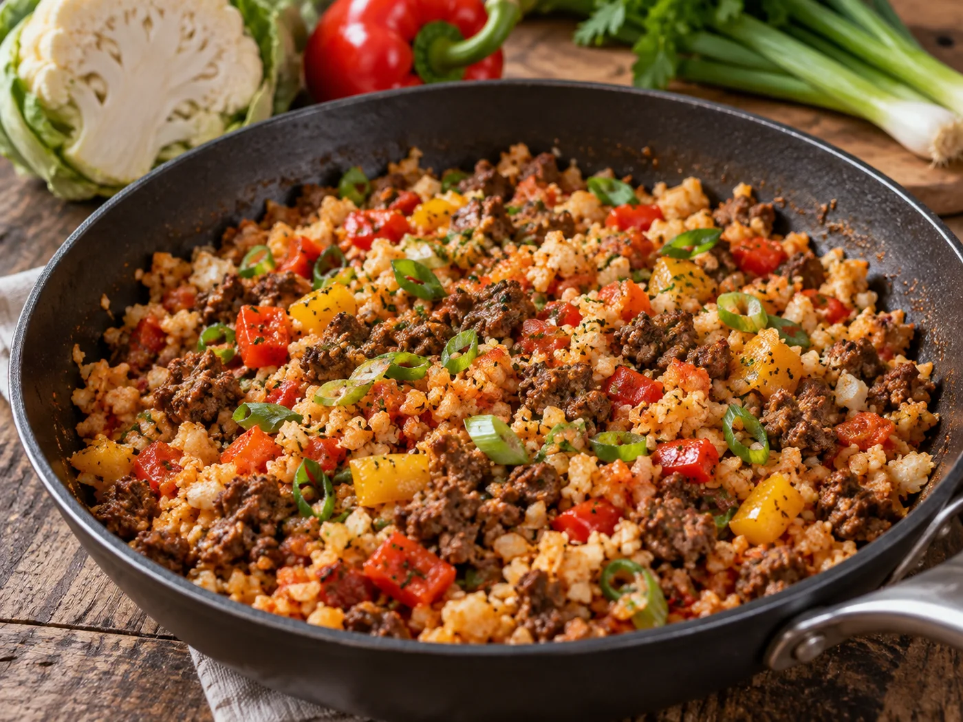Blumenkohlreis-Hackfleisch-Pfanne mit Rinderhack und Paprika