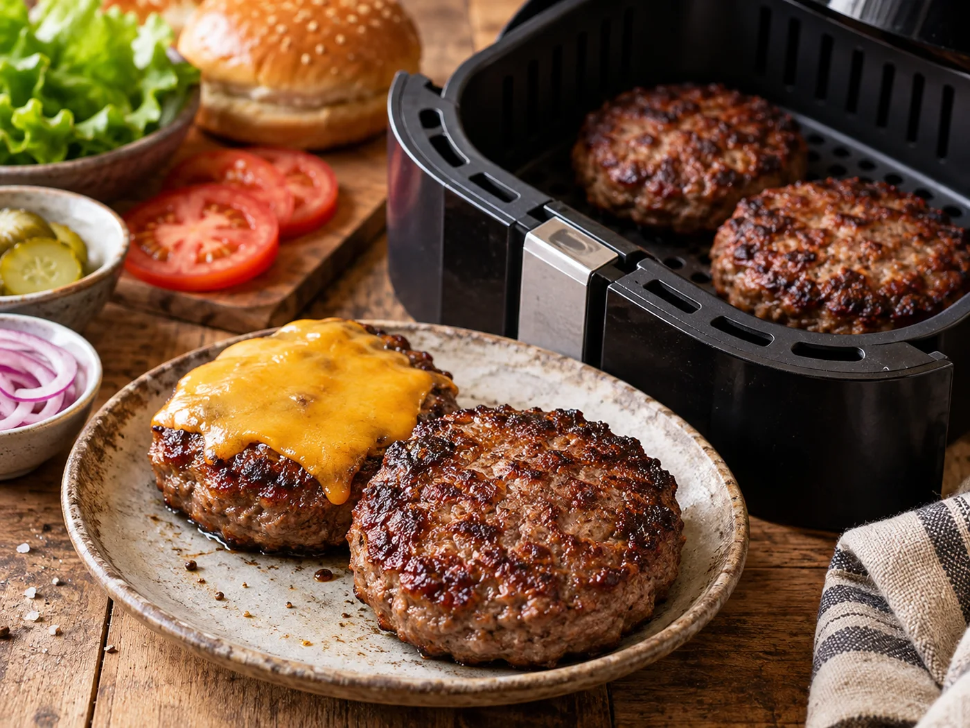 Saftige Burger Patties aus dem Airfryer mit kräftigen Röstaromen