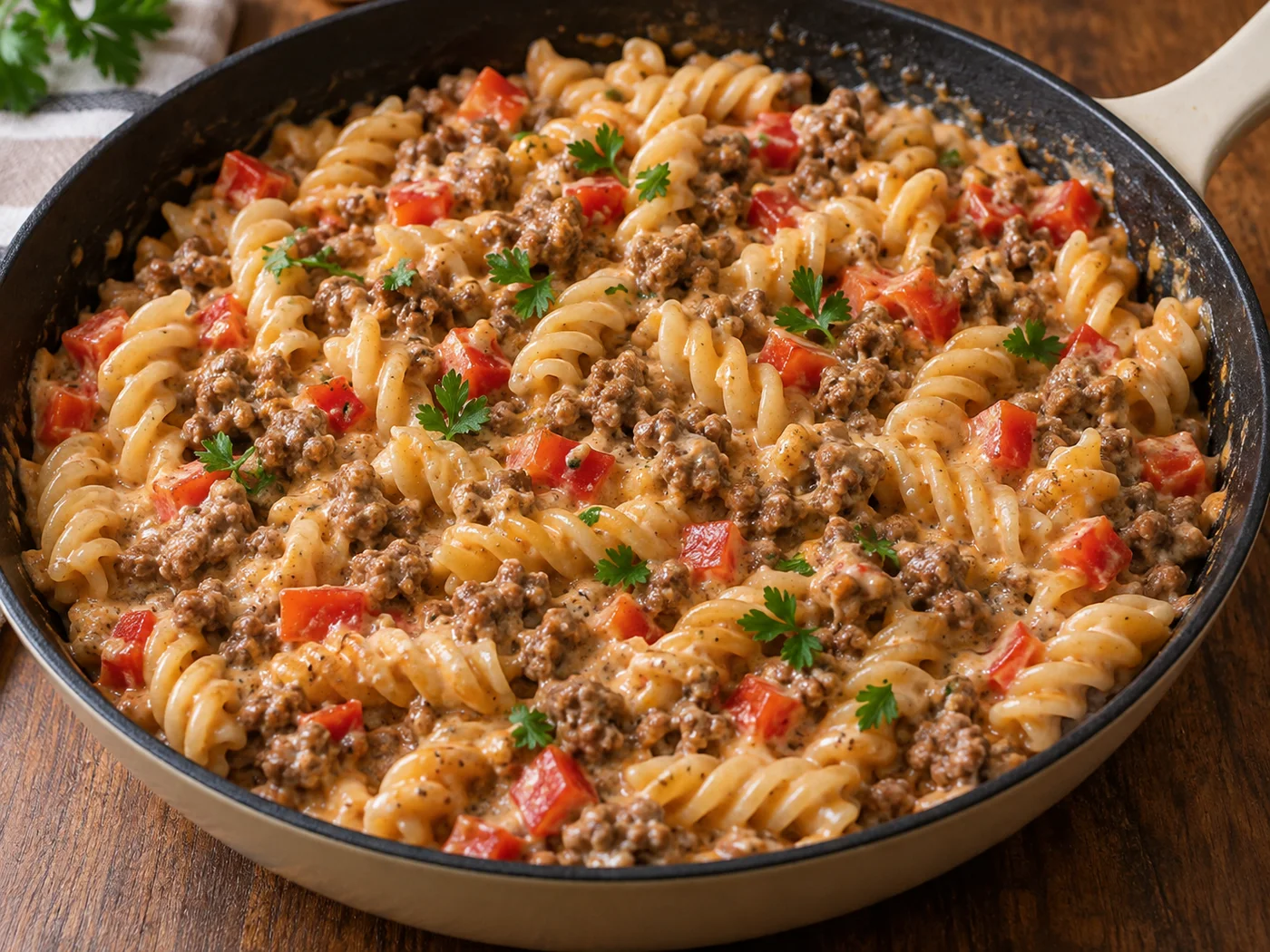 Cremige Nudel-Hackfleisch-Pfanne mit Pasta und Hackfleisch