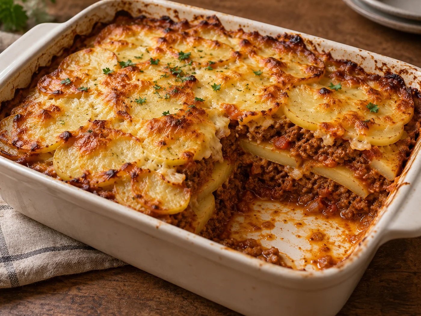 Kartoffel-Hackfleisch-Auflauf mit goldbraunem Käse