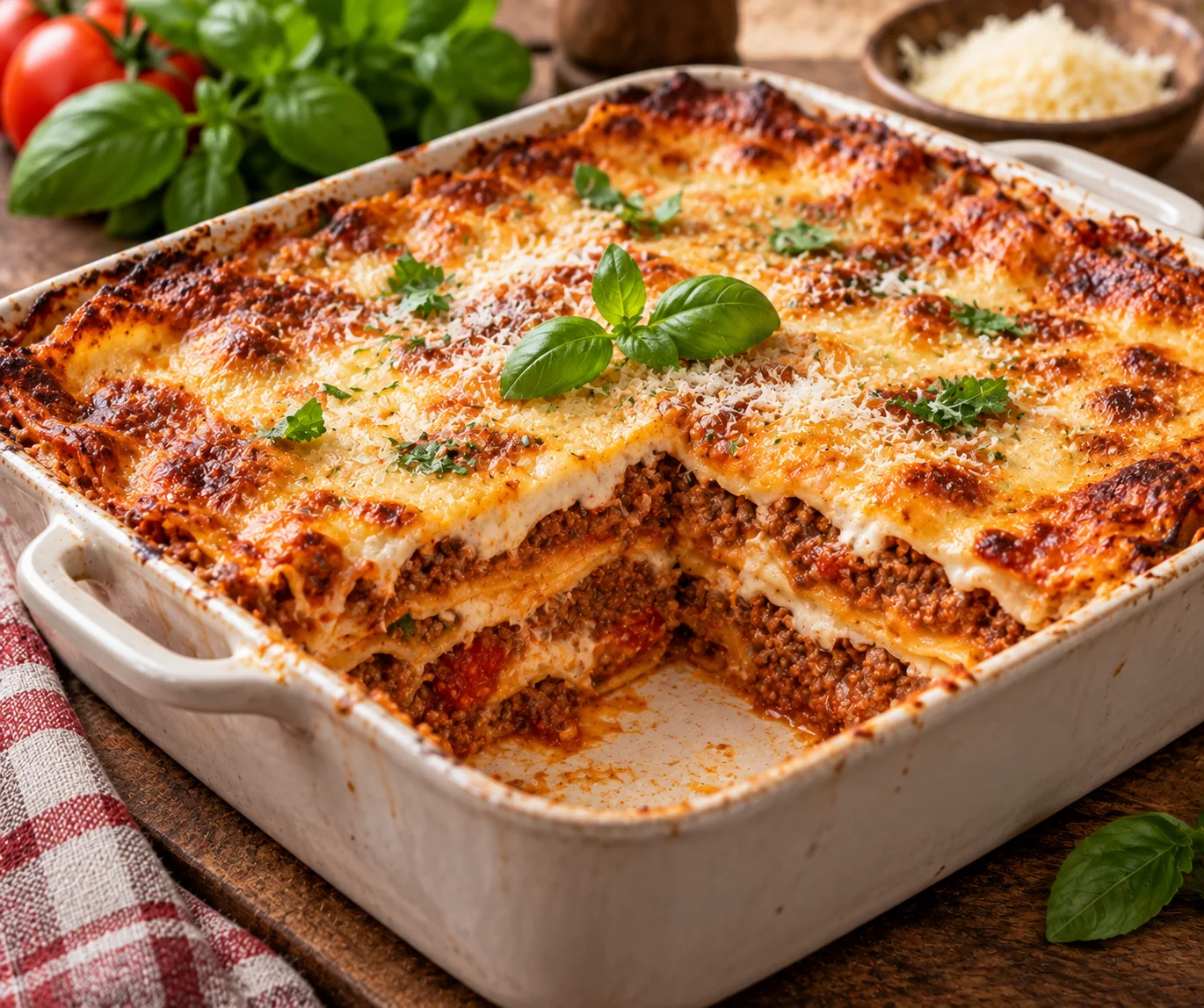 Klassische Lasagne mit Hackfleisch und goldbrauner Käseschicht
