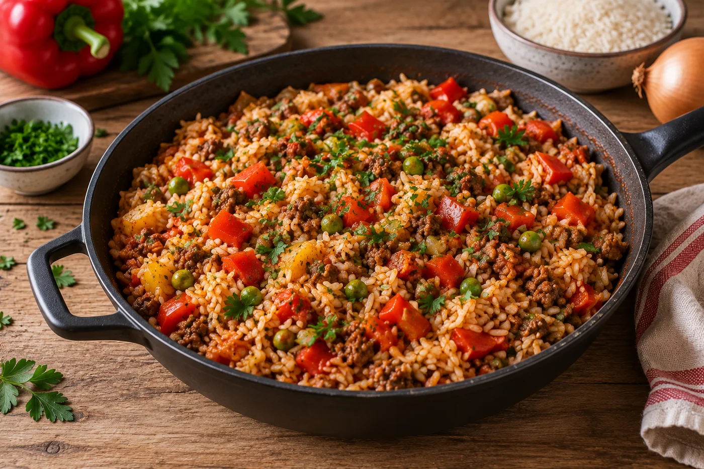 Reis-Hackfleisch-Pfanne mit Paprika und würzigem Hackfleisch