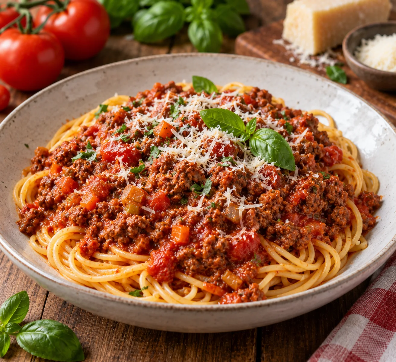 Spaghetti Bolognese mit Hackfleisch, Tomatensauce und Parmesan