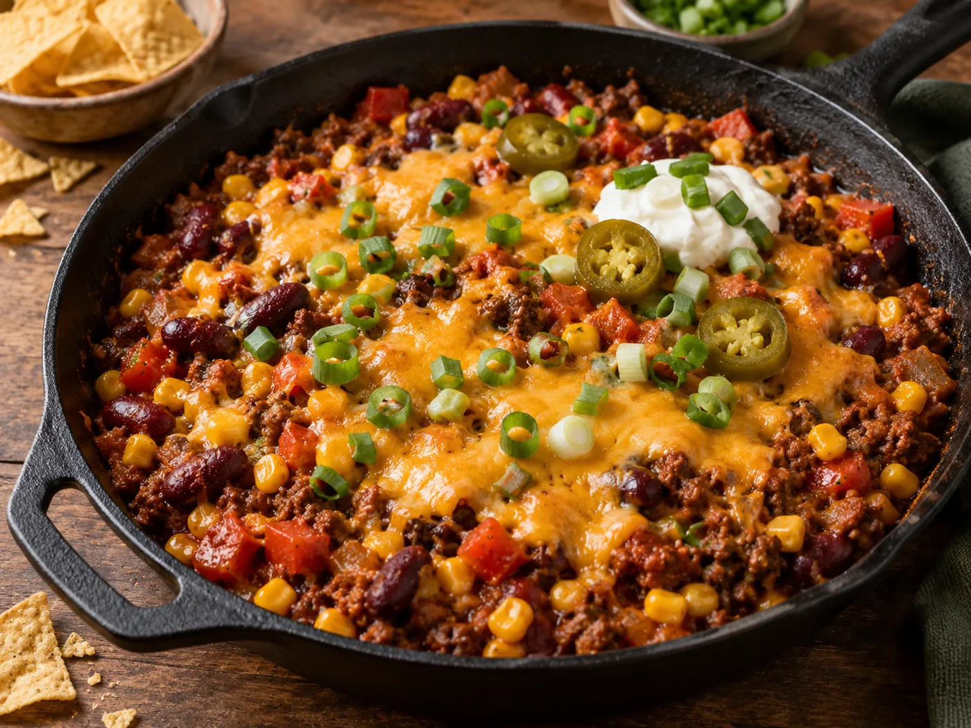 Mexikanische Taco-Hack-Pfanne mit Bohnen, Mais und Cheddar