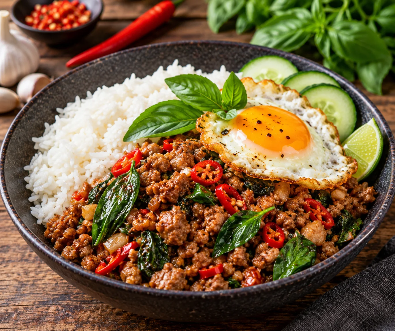 Thai-Hackfleisch mit Basilikum, Chili und Jasminreis